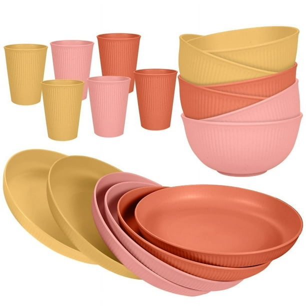 XmhyTop-A Juego de platos de 18 piezas, Vajilla para comidas familiares, vajilla de cocina de paja de trigo, para 6 personas, amarillo, naranja y rosa