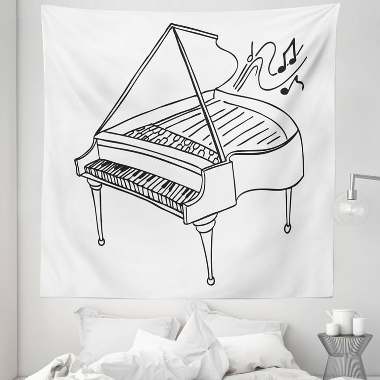 Music Note Tapestry Monochrome Style Outline Drawing of a Piano on a Plain Background Fabric Wall Hanging Decor for Bedroom Living Room Dorm 5