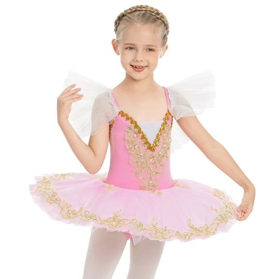 OBEEII Ballet Leotard Dresses for Girls Ballerina Tutu Skirts One-Piece Bodysuit Shiny Tutu Dresses Fluffy Swan Lake Dance Outfits