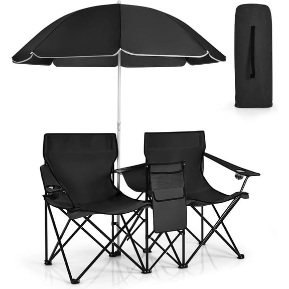 CRXX Double Camping Chair with Canopy, Folding Camp Chairs w/Cup Holder, Cooler & Carry Bag, Table, Side Pocket, 2 Person Portable Beach Chair with Umbrella, for Picnic Fishing (Black)