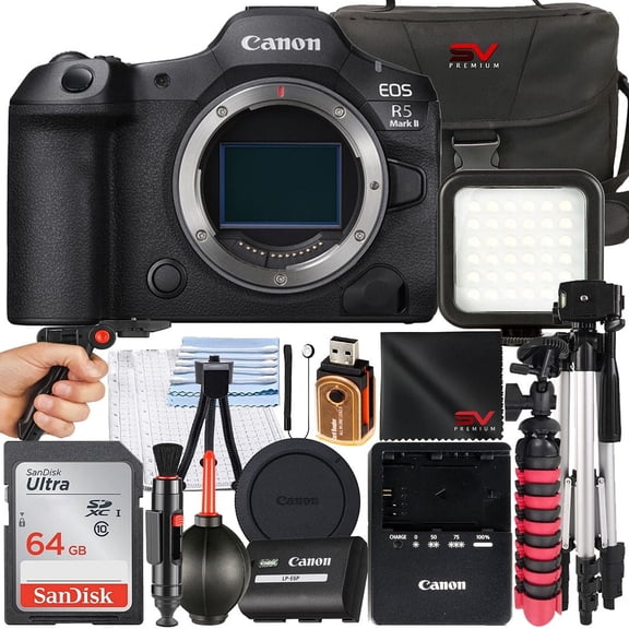 Canon EOS R5 Mark II Mirrorless Camera with 64GB Memory Card   Case   Tripod   SV Premium Accessory Bundle (International Version)