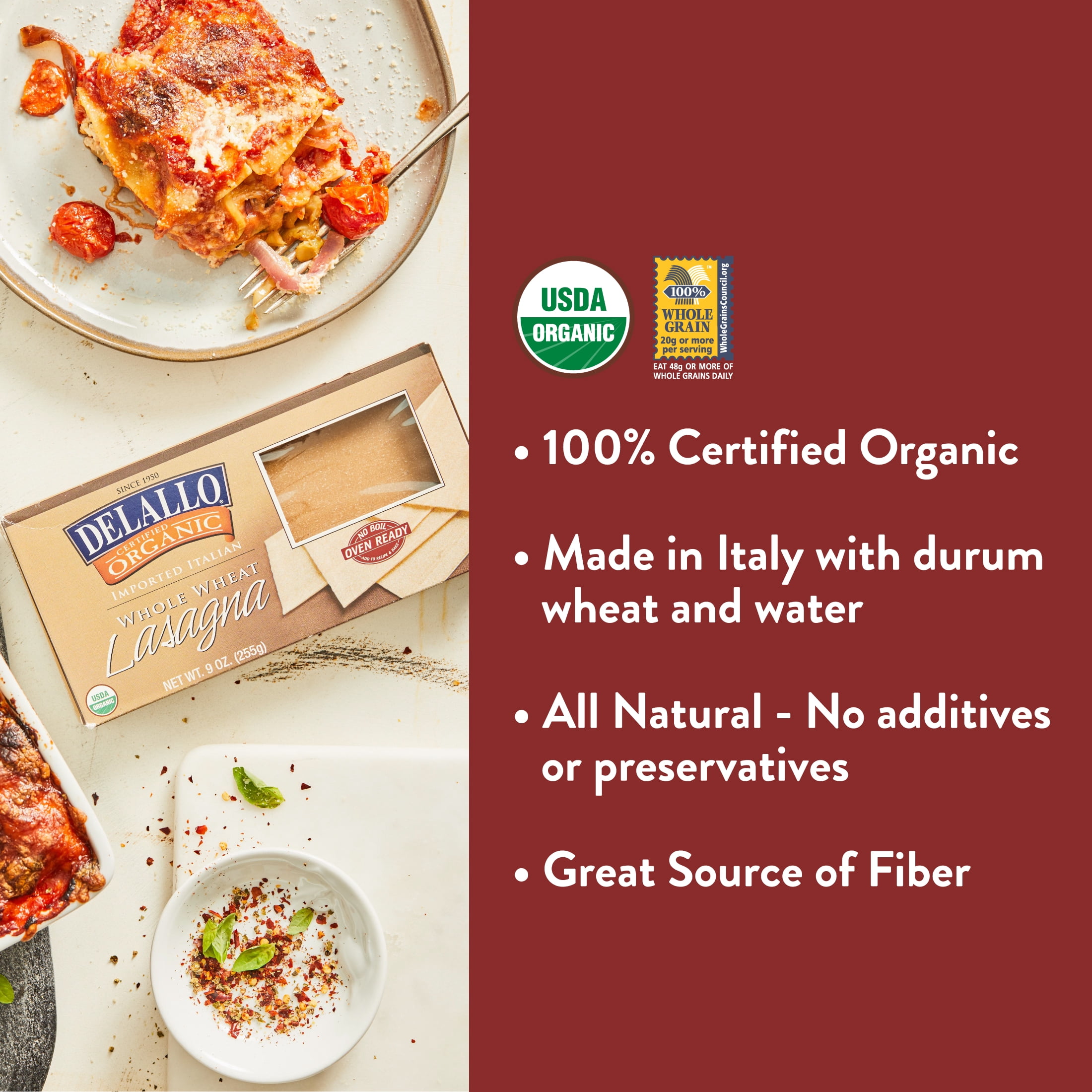 DeLallo Whole Wheat Lasagna Noodles, Whole Grain, Organic, 9 oz Box, (8 Pack)