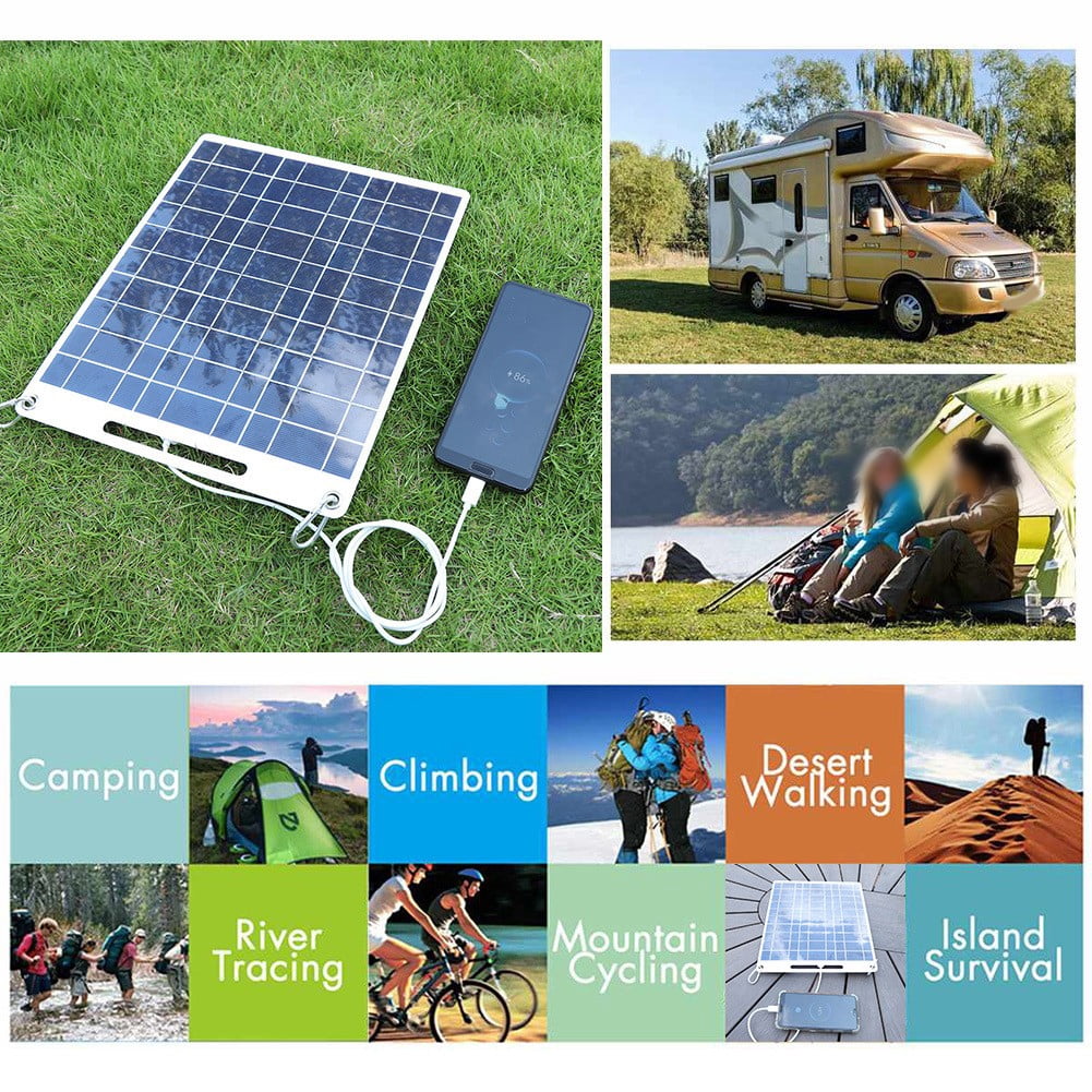 CHENGSI for 30W 5V Outdoor Solar Charger Panel Dual USB Flexible Charging Board Waterproof High-Efficiency Polycrystalline Silicon Cell with Carabiners for Mobile Phones Cameras