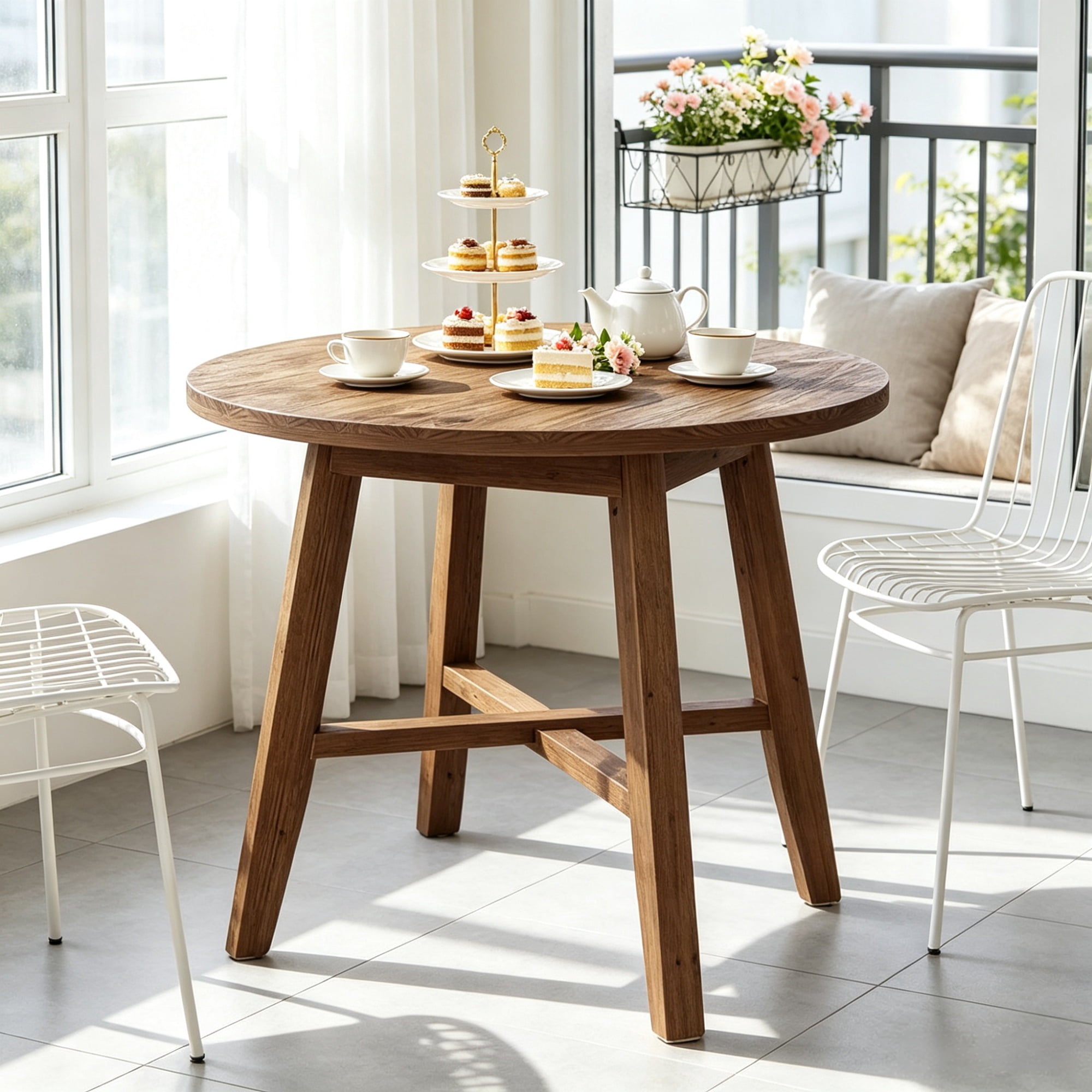 31.5 in Round Wood Dining Table, Farmhouse Style for 2-4 People
