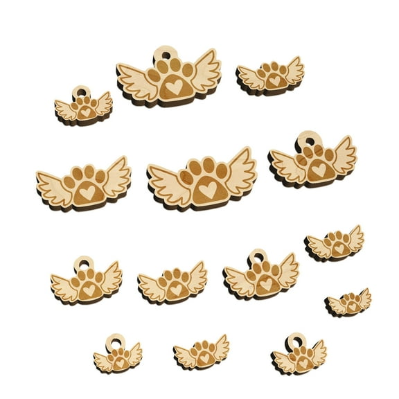 Paw Print Angel Wings with Heart Dog Cat Wood Mini Charms Shapes DIY Craft Jewelry - With Hole - Various Sizes (16pcs)