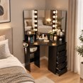 thumbnail image 2 of Corner Vanity Desk with Mirror and Lights, Makeup Vanity Table with 5 Drawers, Storage Shelves, Charging Station, Compact Vanity Dressing Table for Small Space，Black, 2 of 8