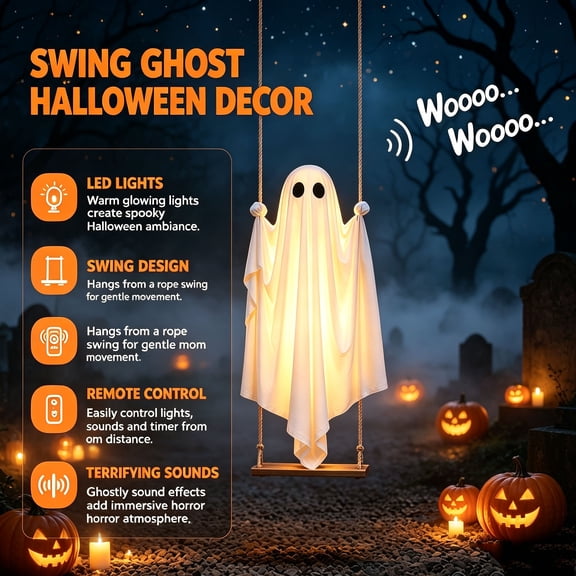LOWLHOME 4FT Pre-Assembled Hanging Swing Ghost, Halloween Ready-to-Hang Ghost Lights, Includes 8 Kinds of Terrifying Sound Effects, Intelligent Remote Control, Halloween Garden Tree Decor