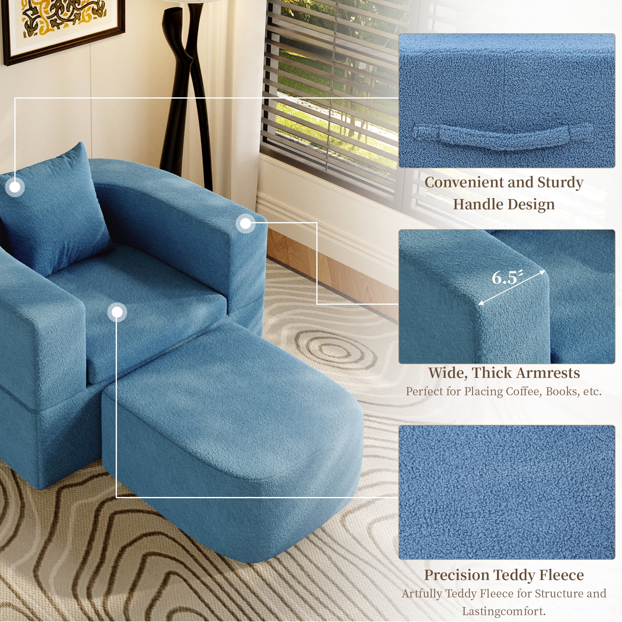 The Magic Home 41" Futon Sofa Bed Teddy Fleece Futon Couch Convertible Sleeper Floor Sofa Bed Upholstered Couch Reading Chair for Living Room, Blue Couch, No Assembly