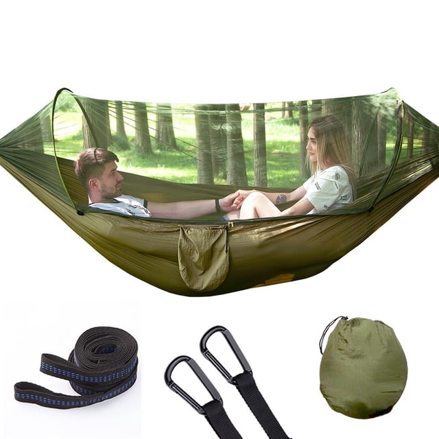 Hamaca de camping con mosquitera, 1-2 personas, portátil y ligera, paracaídas emergente para exteriores o camping, viajes, playa (250 x 120 cm/verde militar)