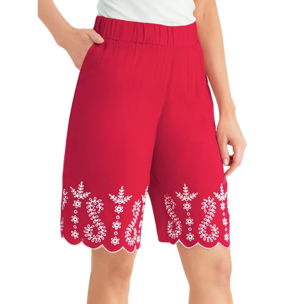 Collections Etc Scalloped Hem & Embroidered Bermuda Shorts
