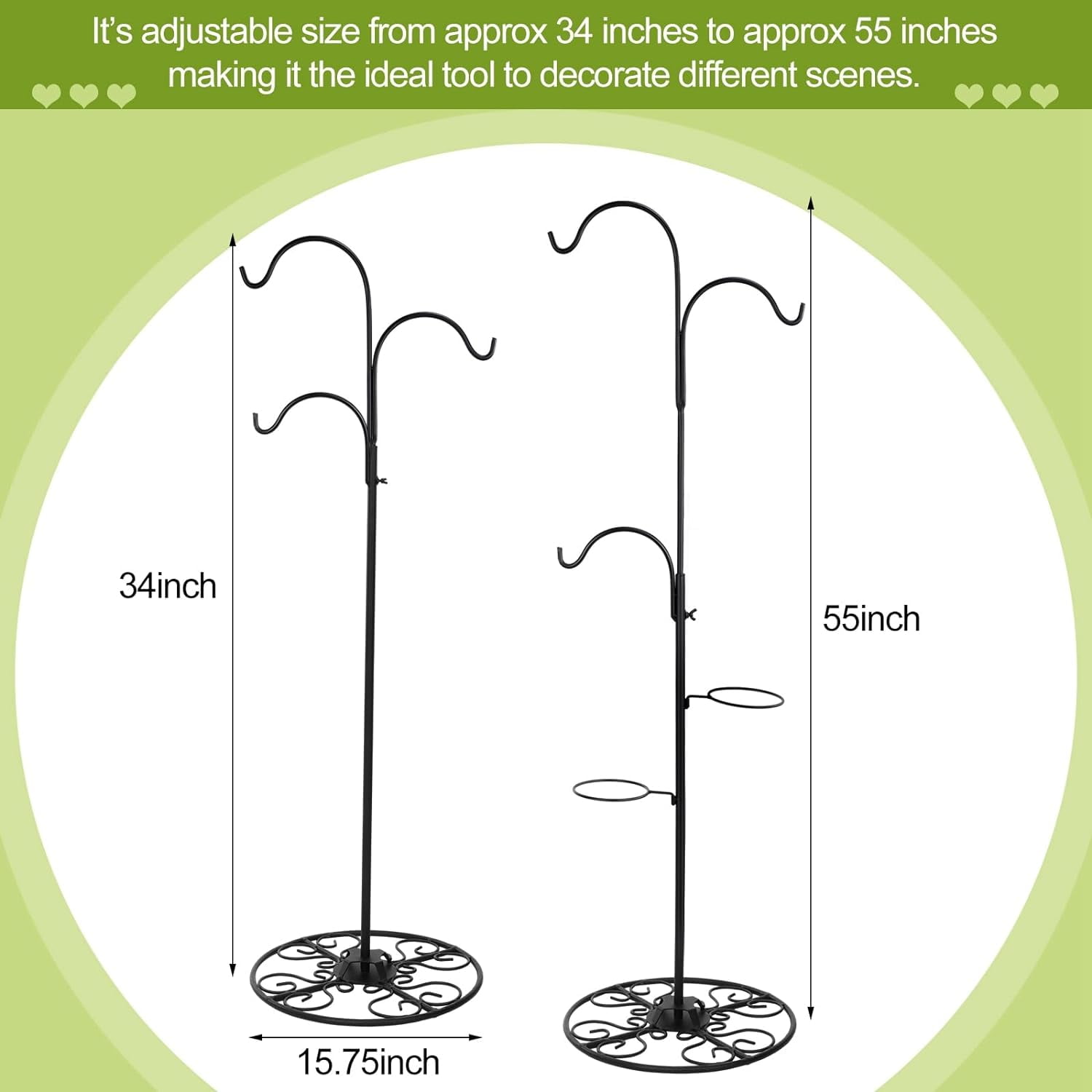 34-55 Inch Adjustable Black Iron Shepherd Hook with Base Indoor Outdoor Hanging Plant Stand Wind Chime Stand Bird Feeder Flower Basket for Garden Plants Weddings Event Home Christmas Decor