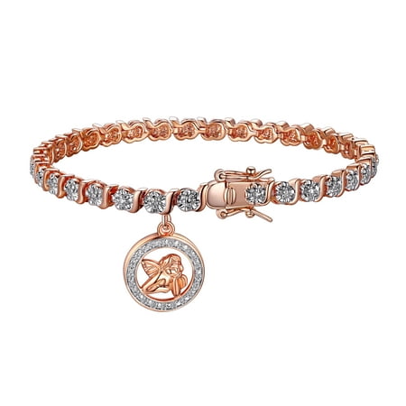 14K Rose Gold Plated Diamond Accent Angel Charm Tennis Bracelet, 7.25"