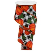 Angle View: Halloween Ribbon | Wired 2.5 X 10 yd Each | Black White Buffalo Plaid and Pumpkins