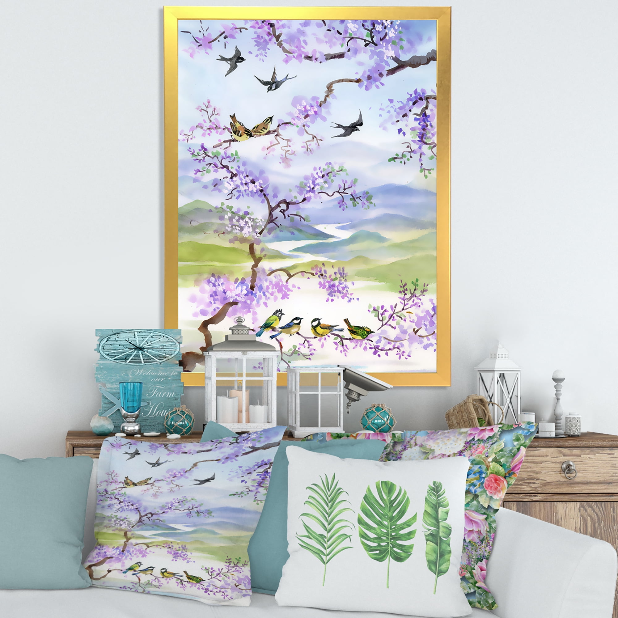 Designart 'Birds Sitting On Cherry Branch' Traditional Framed Art Print