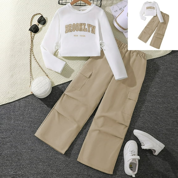 Girls Jogger Set Long Sleeve Solid Crewneck Brown Loose Fashion Sweatshirts and Baggy Cargo Pants 2 Piece Winter Clothes Size 7-8 Years Girls Clothes