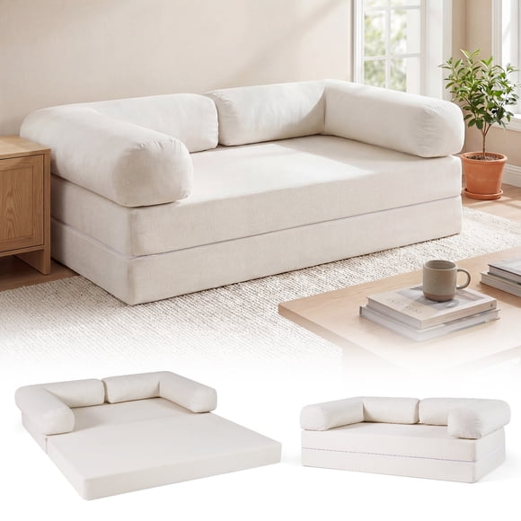 Gymax Folding Sofa Bed w/Comfy Corduroy Cover L-shaped Removable Armrests for Room Beige