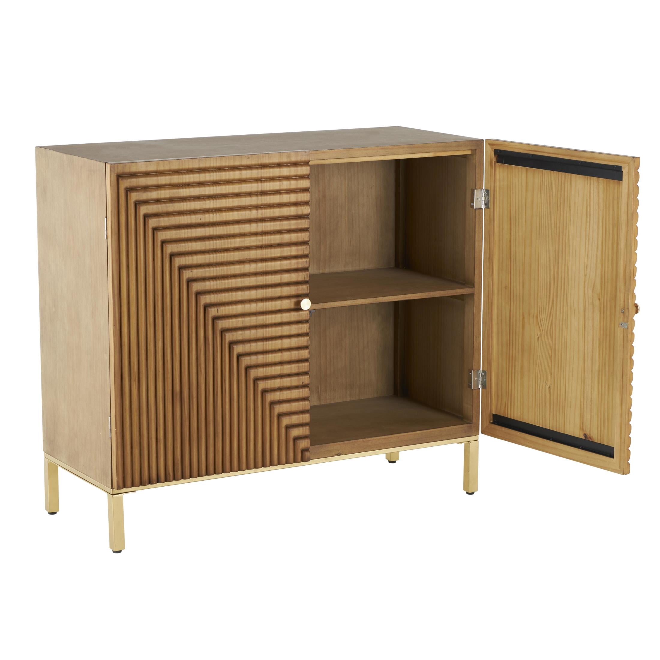 DecMode 36" x 32" Brown Wood Carved Square Geometric Cabinet with Gold Accents, 1-Piece