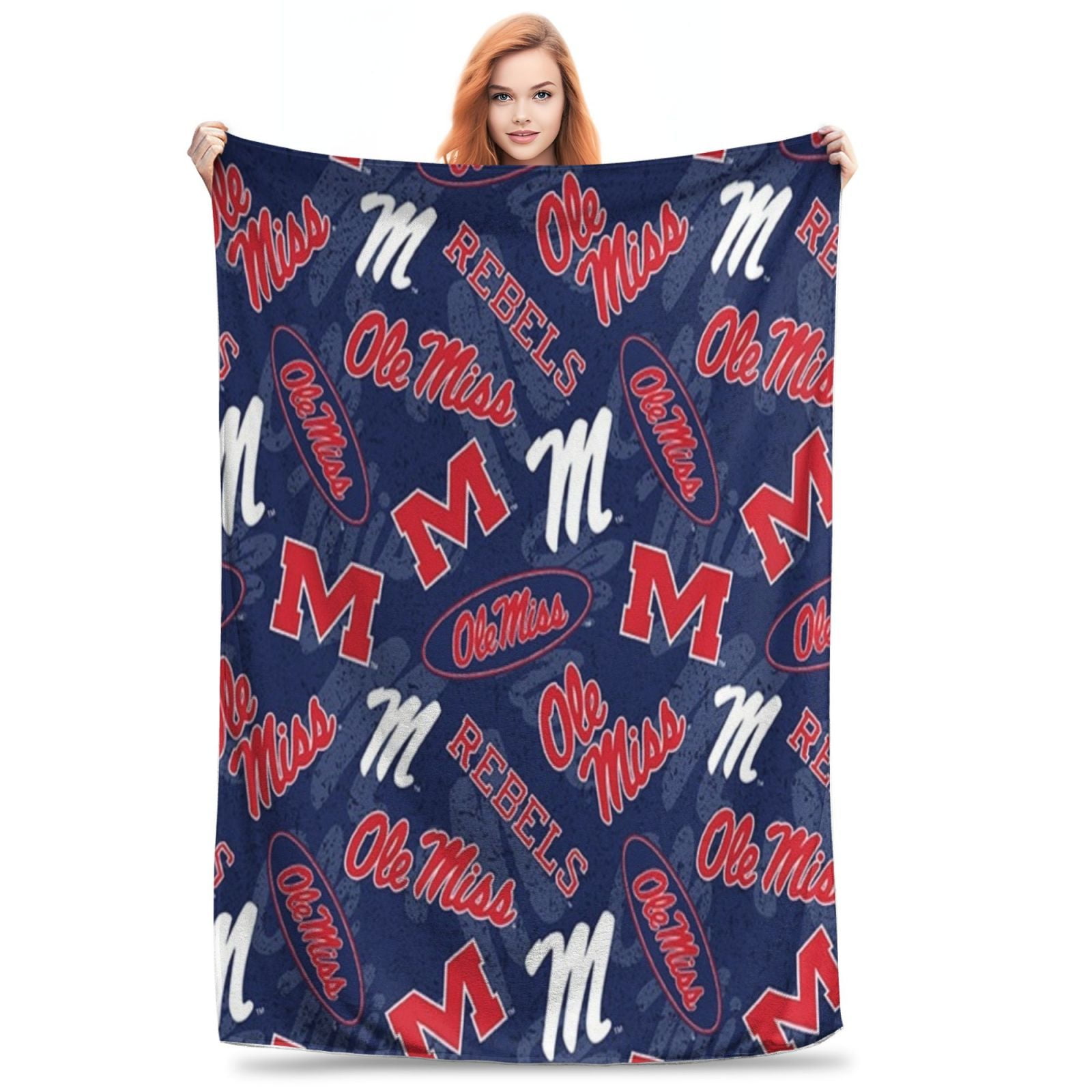 Ole Miss Rebel Flannel Fleece Blanket Soft Warm & Cozy for Sofa Bed Office Car All-Season Gift Vintage Style Digital Print KnittedNavy Blue with Bold Red & White Lettering