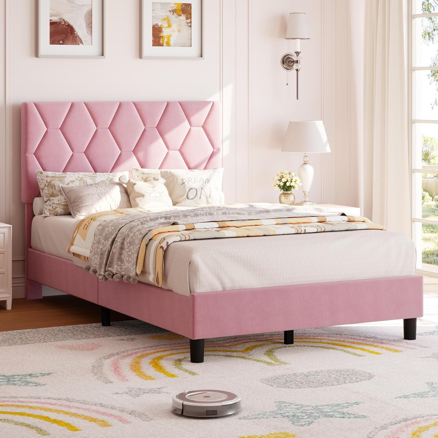 Rugerasy Twin Size Bed Frame with Upholstered Headboard,Heavy-Duty Platform Bed Frame with Strong Wood Slats,No Box Spring Needed/Noise Free/Easy Assembly,Pink