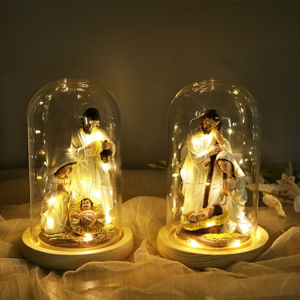 Belén LED a pilas con resplandor cálido - Decoración navideña artesanal de madera y resina para exhibición en casa o en la mesa