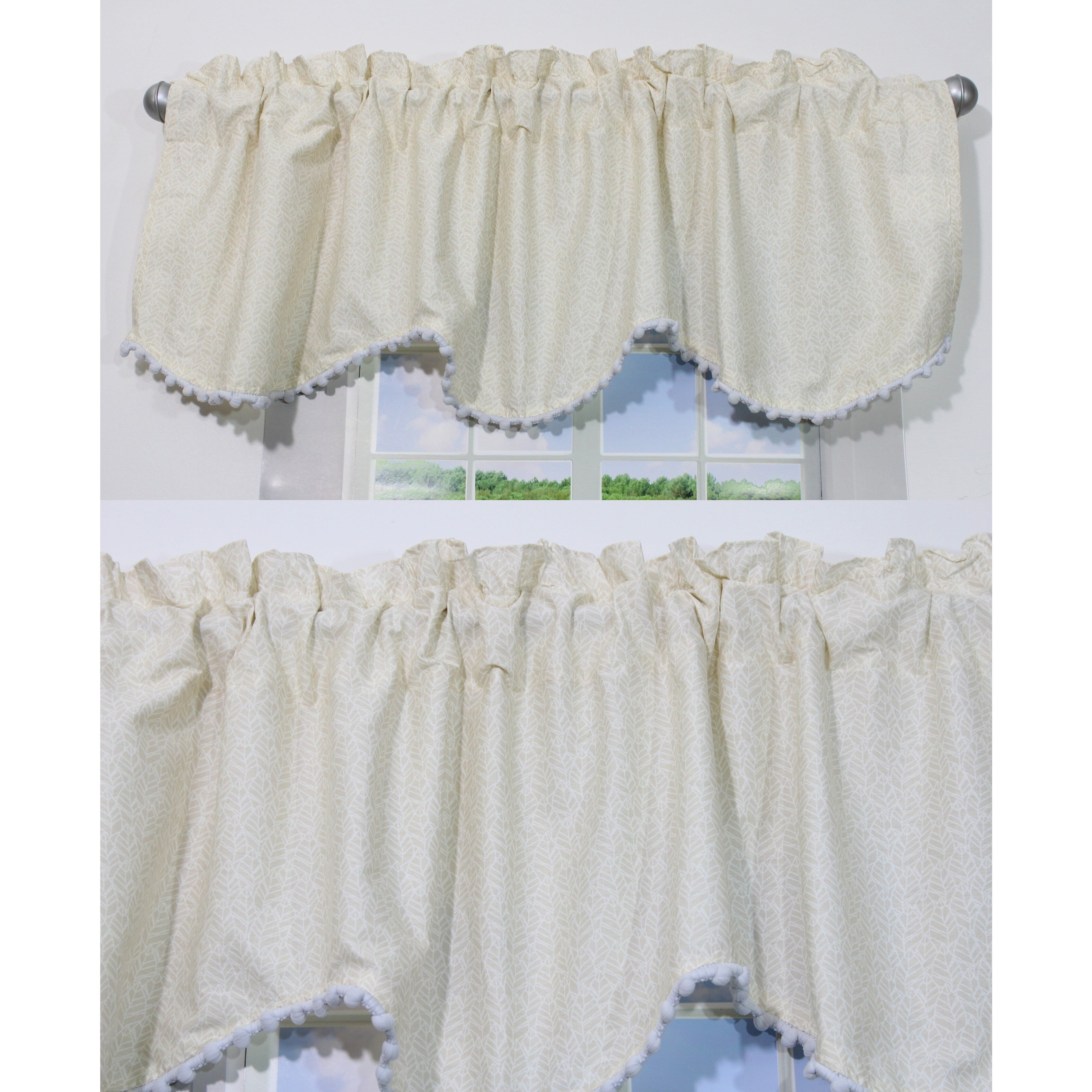 Khaki Tan Beige And White Plaid Cotton Valance Pair Crocheted Lace Wooden Beads 