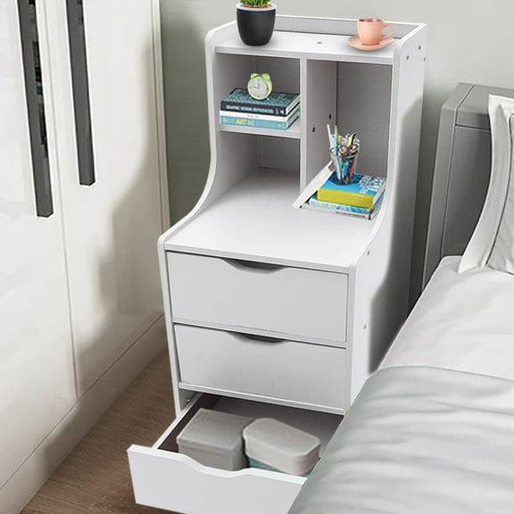 Bedside Table Bedroom Storage Cabinet Organizer Small Nightstand with 3 Drawers White for Kitchen, Study