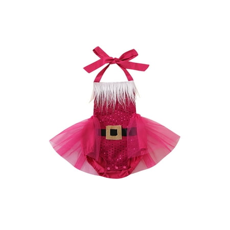 

IZhansean Christmas Infant Baby Girl Santa Claus Romper Tutu Dress Ruffle Sequins Bodysuit Jumpsuit Outfits Rose Red 18-24 Months