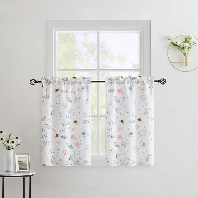 Floral Kitchen Tiers 36 Inches Long Semi Sheer Multi Color Botanical Printed Cafe Tiers Colorful Half Small Rod Pocket Window Treatment for Bathroom Living Room,28" Wx36 Lx2