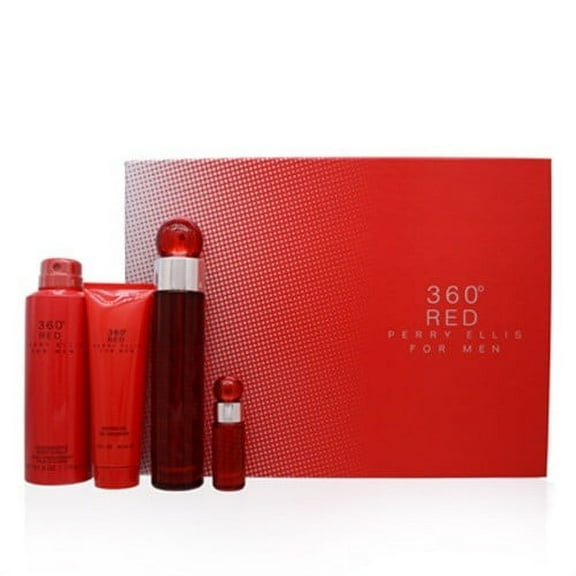 Perry Ellis 360 Red 4 Pc Gift Set - 3.4oz EDT Spray, 6oz Body Spray, 3oz Shower Gel, 7.5ml EDT Spray