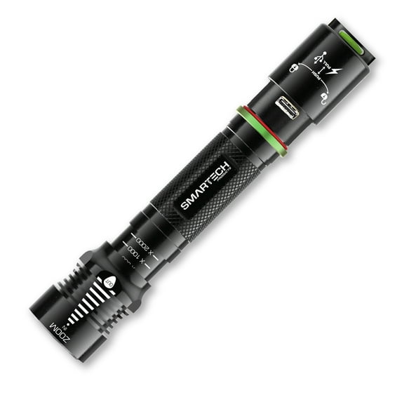Smartech 2000 Lumen, Super Bright, Dual Power, Rechargeable, LED Tactical Flashlight, 5000mAh Power Bank, Zoom in Zoom out, 5 Modes, Indestructible, Waterproof, Shockproof, Ultra Light Pocket Sized