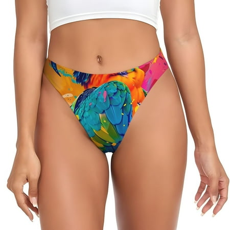 Qokaie Vibrant Parrot Splash Art Printed Women s Cotton Thong Underwear  Sexy Breathable Panties G-string-Medium