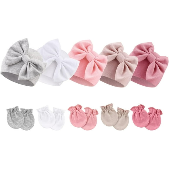 BQUBO Newborn Baby Girls Hats Mittens Set Hospital Hat Beanie Infant Bow Hats Baby Cotton Gloves No Scratch Mittens