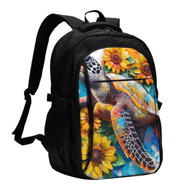Fotbe Sunflower Turtle Mochila con Estampado y Puerto USB para Hombre y Mujer, Mochila Antirrobo, Mochila de Viaje, Mochila Escolar, Mochila Universitaria