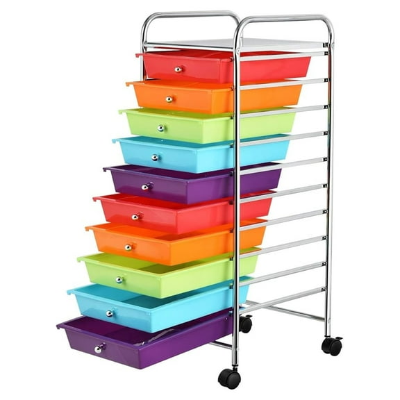 10-Drawer Rolling Cart, Storage Trolley Organizer, Colorful Plastic Drawers, Office School Art Supply Cart, Heavy Duty Metal Frame, Mobile Storage