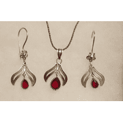 Fine Silver Leaf Necklace & Earrings Jewelry Set for Women in Ruby on Genuine 925 Sterling Silver