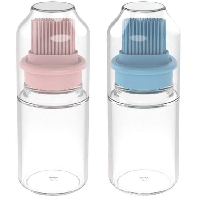 Botella de aceite con cepillo, 2 cepillos de aceite para barbacoa, botella de aceite de vidrio 2 en 1 con tapa y cepillo de silicona para repostería, barbacoa, carne, miel, adobos (rosa + azul)