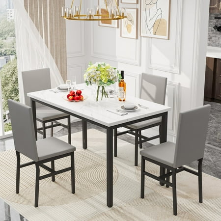 PAPROOS Dining Table Set for 4  Modern 5-Piece Kitchen Table Set with Faux Marble Top and Velvet Upholstery Chairs  Heavy Duty Dinette Sets for Breakfast Nook  Dining Room Table and Chairs  Gray