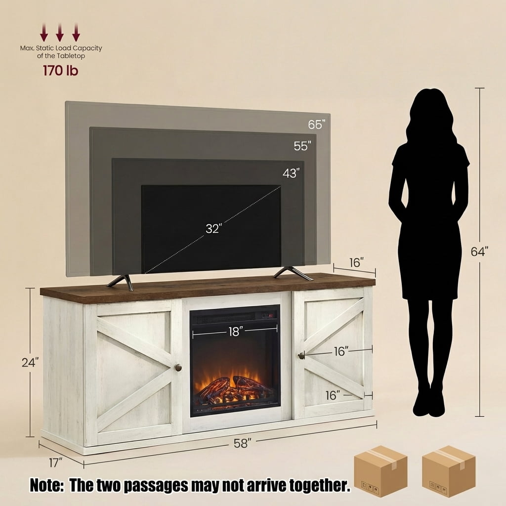 LEDREM Rustic Entertainment Center with 18" Electric Fireplace, Storage Media Stand with Adjustable Compartments for 65 Inch TVs, Farmhouse TV Console with Storage Cabinets