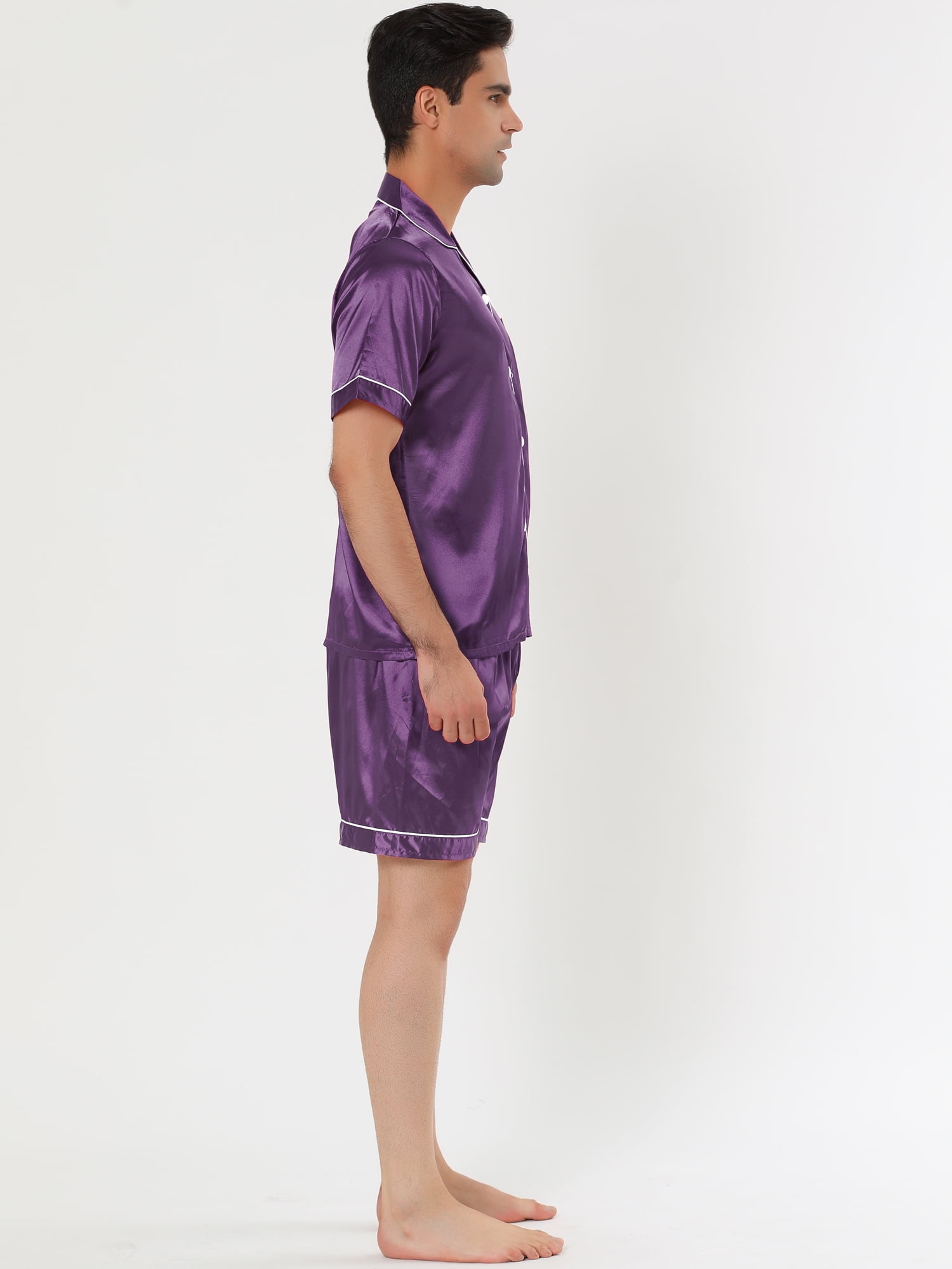 Unique Bargains Men's Sleepwear Short Sleeve Top and Pants Satin Pajama Set S Purple