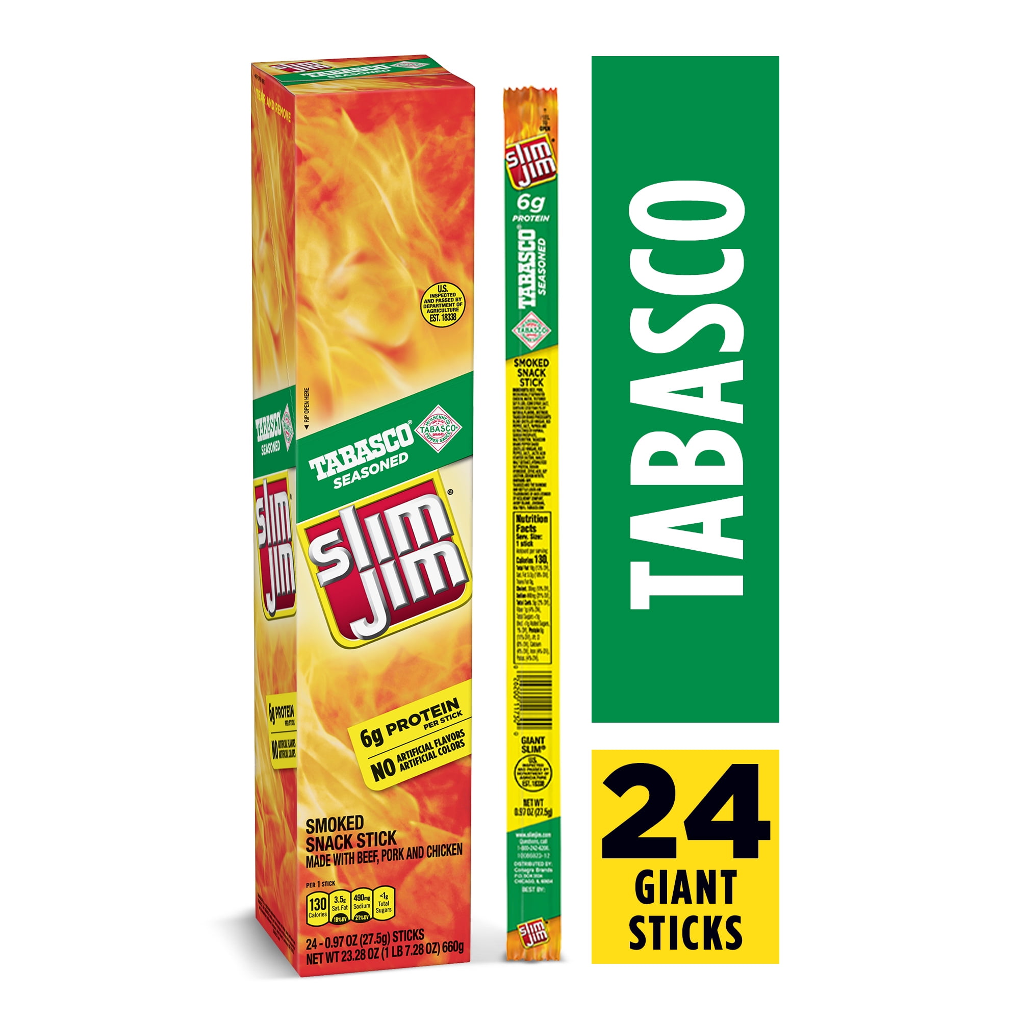 Slim Jim Giant Smoked Meat Sticks, Tabasco Flavor, 0.97 oz. 24Count
