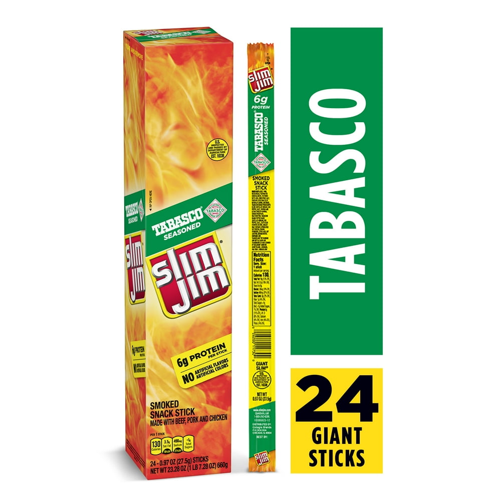 Slim Jim Giant Smoked Meat Sticks, Tabasco Flavor, 0.97 oz. 24Count
