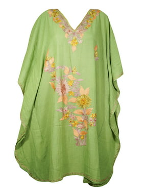 Mogul Women Olive Green Floral Embroidery Caftan Dress V-Neck Kimono Resort Wear Mid Length Cover Up Kaftan Dresses 2XL