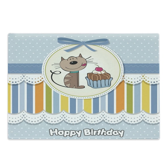 Birthday Party Cutting Board, Present Wrap Like Image with Chocolate Cake and Kitten Party, Decorative Tempered Glass Cutting and Serving Board, Large Size, Pale Blue White, by Ambesonne