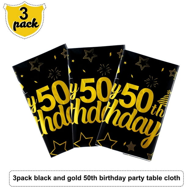 Nappe de table Happy 50e anniversaire, décorations de fête, très grande  couverture de table rectangulaire en plastique noir et doré pour  fournitures de fête à thème 50e anniversaire, 54 x 108 pouces (