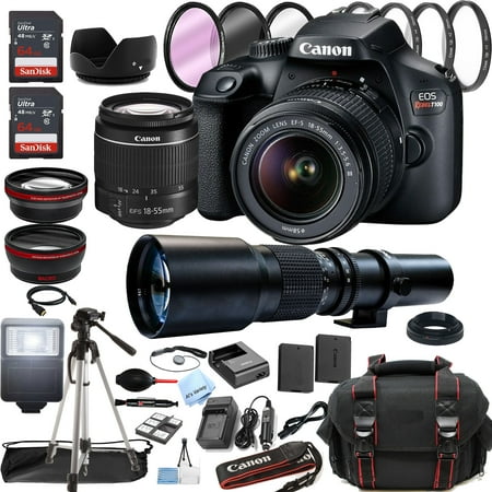 Canon EOS Rebel T100 / 4000D DSLR Camera with 18-55mm Lens + 500mm Preset Lens + Optics Filter Set, Camera Bag + Sandisk Ultra 128GB Memory + Tripod + + Al's Variety Cleaning Kit, And More