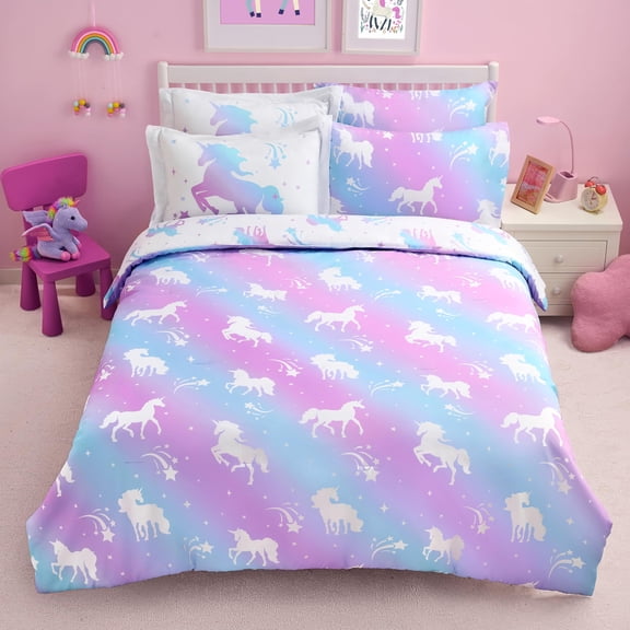 Joyfy Dream Unicorn 7-Piece Full Comforter Set for Kids, Super Soft Microfiber Bed in a Bag for Boys Girls with Comforter, Sheets, Pillowcase, and Sham