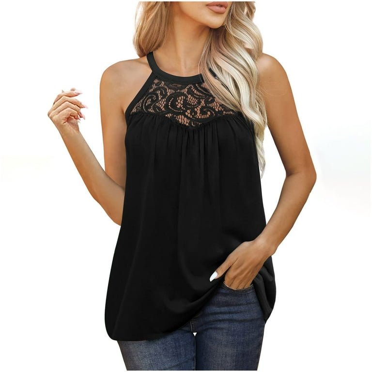 Halter Neck Vest Tops for Women us Clearance Lace Top Summer Sleeveless  Vest Tops Loose Fit Solid Elegant Cami Shirt Pleated T Shirts Casual Flared  Blouses Tunics Camisole Tank Top Size 8-16 