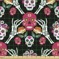 thumbnail image 2 of Ambesonne Mexican Fabric by the Yard Upholstery, Sugar Skulls Flowers Hands, 5 Yards, Pink Jade Green and Apricot, 2 of 5