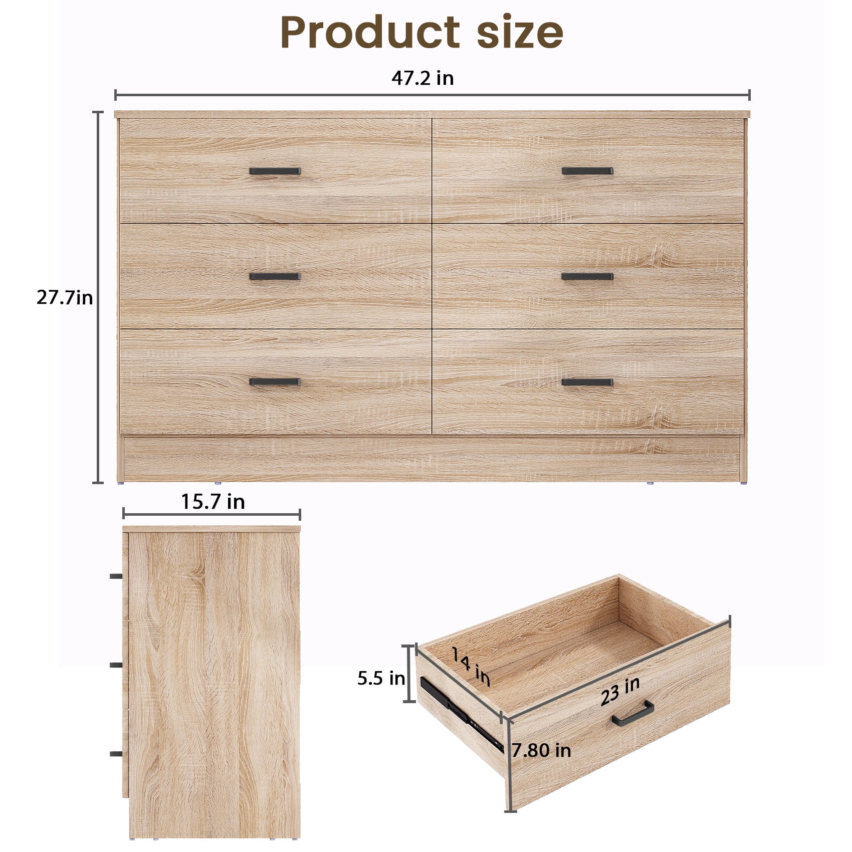 Frmobepts Wood Dresser for Bedroom, 6 Drawer Dresser, 15.8" D x 47.2" W x 27.7" H, Light Oak