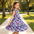 thumbnail image 5 of Aideaone Girls Summer Dress Ruffle Flutter Sleeve A-Line Sundress Butterfly Floral Print with Waist Tie 7-13 Years, 5 of 6